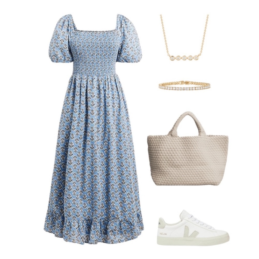 J. Crew Smocked Puff Sleeve Midi Nap Dress CD4 Quiet Harbor Bright Pep